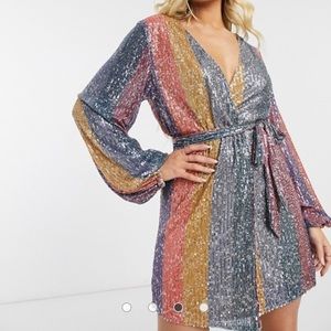 Club L rainbow sequin striped mini wrap dress